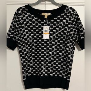 NWT Michael Kors Black/White Signature MK Logo Short Sleeve Sweater Top Size S